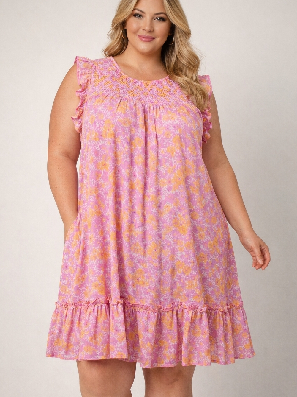 Umgee Pink and Yellow Floral Ruffle Sundress